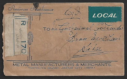 AOP India 1950 registered cover with LOCAL label - Jodhpur to Sikar