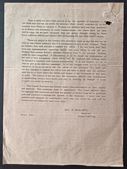 India printed WAR Press Message from H.E. Sir Maurice Hallett, Governor, UP