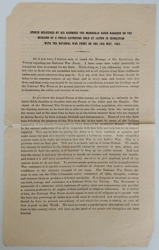 (AOP) India 1942 National War Front speech by The Maharaja of Jaipur