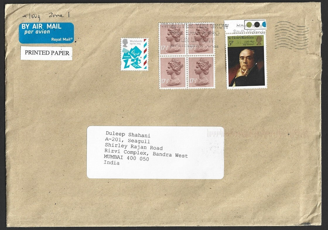 GB Machins, high value commemoratives, etc. on covers to India (4)