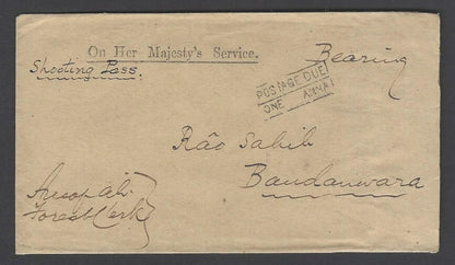 AOP India 1891 unpaid OHMS cover headed "Bearing" & "Shooting Pass" wi PD hs