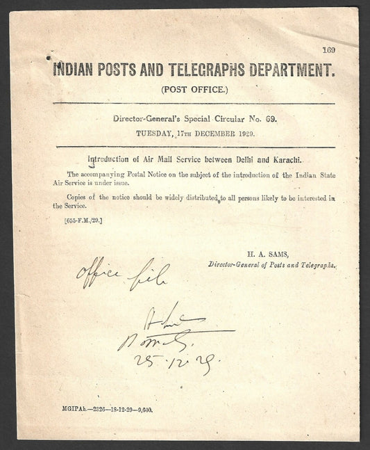 India 1929 DG'S POSTAL CIRCULAR Air Mail Service between Delhi & Karachi