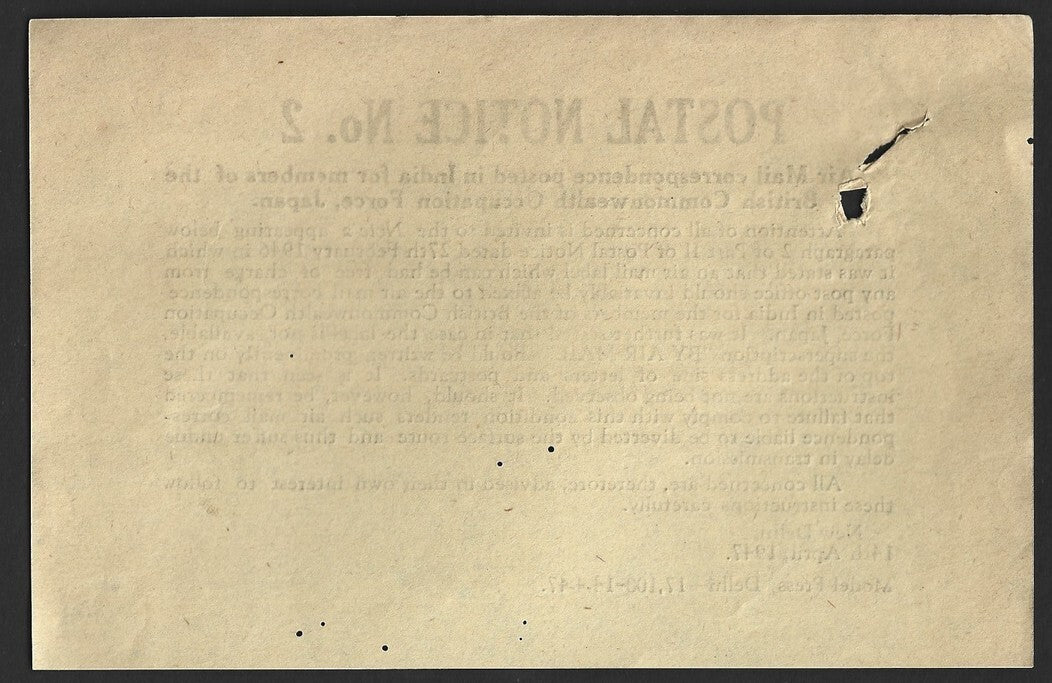 India POSTAL NOTICE 14-4-47 Air Mail British Commonwealth Occupation Force Japan