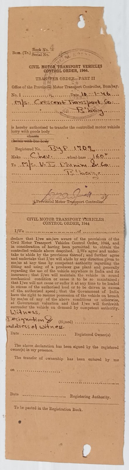 AOP India WW2 CIVIL MOTOR TRANSPORT VEHICLES CONTROL ORDER 1946 permit 