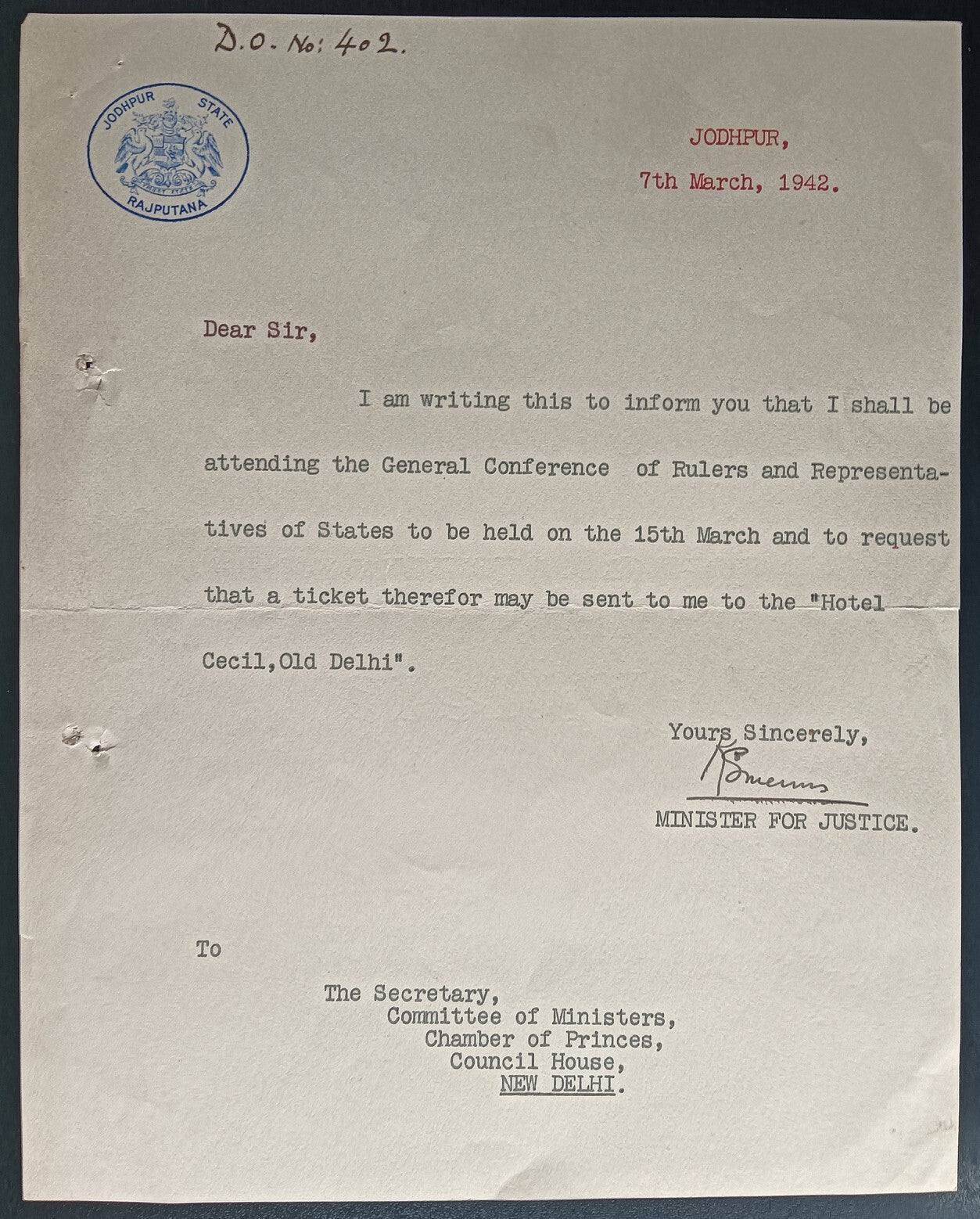 India 1942 crested letter JODHPUR STATE / RAJPUTANA signed Minister