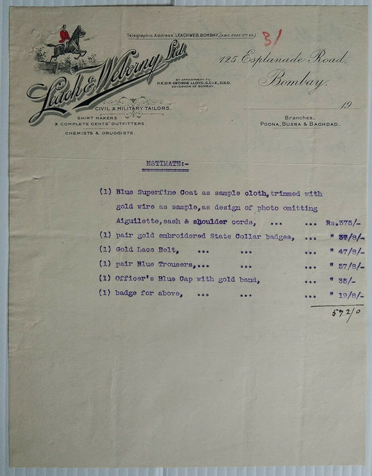 India 1920s Leach & Weborny Civil & Military Tailors Bombay Billhead