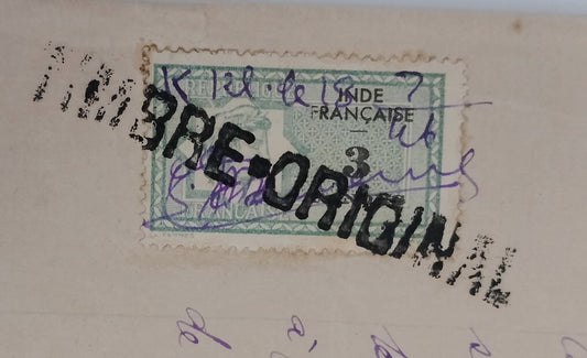 AOP French India 3fa revenue stamp on 1946 4 page KARIKAL document
