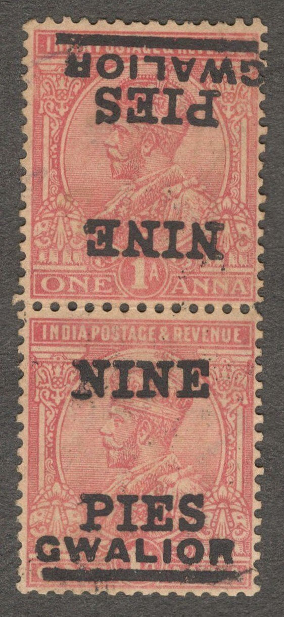 India Gwalior 1921 NINE PIES/1a pair, one with overprint inverted Clandestine?