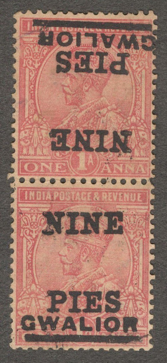India Gwalior 1921 NINE PIES/1a pair, one with overprint inverted Clandestine?