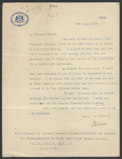 India Crested Letter FOREIGN AND POLITICAL DEPARTMENT INDIA signed AGG J B WOOD