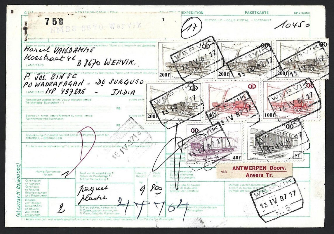 Belgium Railway parcel stamps on parcel card to India