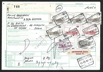 Belgium Railway parcel stamps on parcel card to India