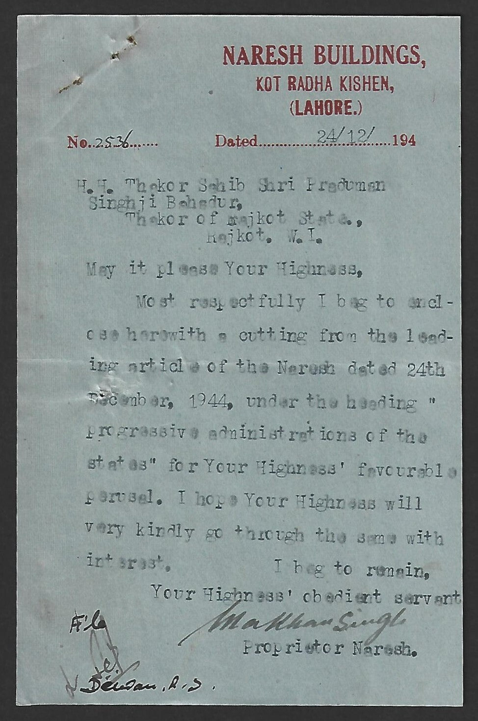 AOP India Correspondence : THE NARESH, pro Princely State magazine 1944