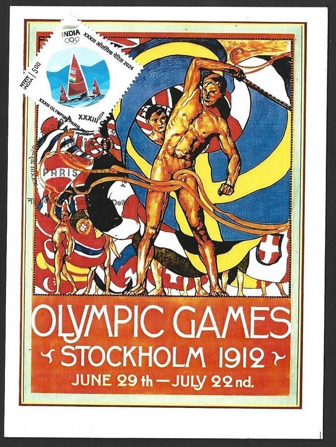 India 2024 Paris Olympics maxi card with 1912 Stockholm, Sweden Olympics cachet