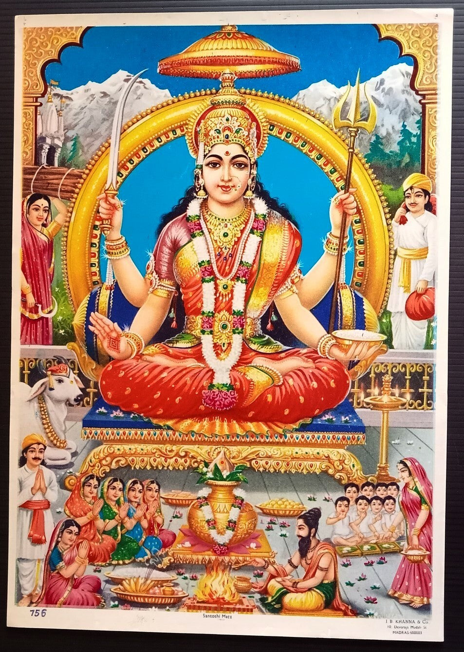 India Hinduism vintage Santoshi Mata poster - 9.5" x 13.5" inches by J B Khanna