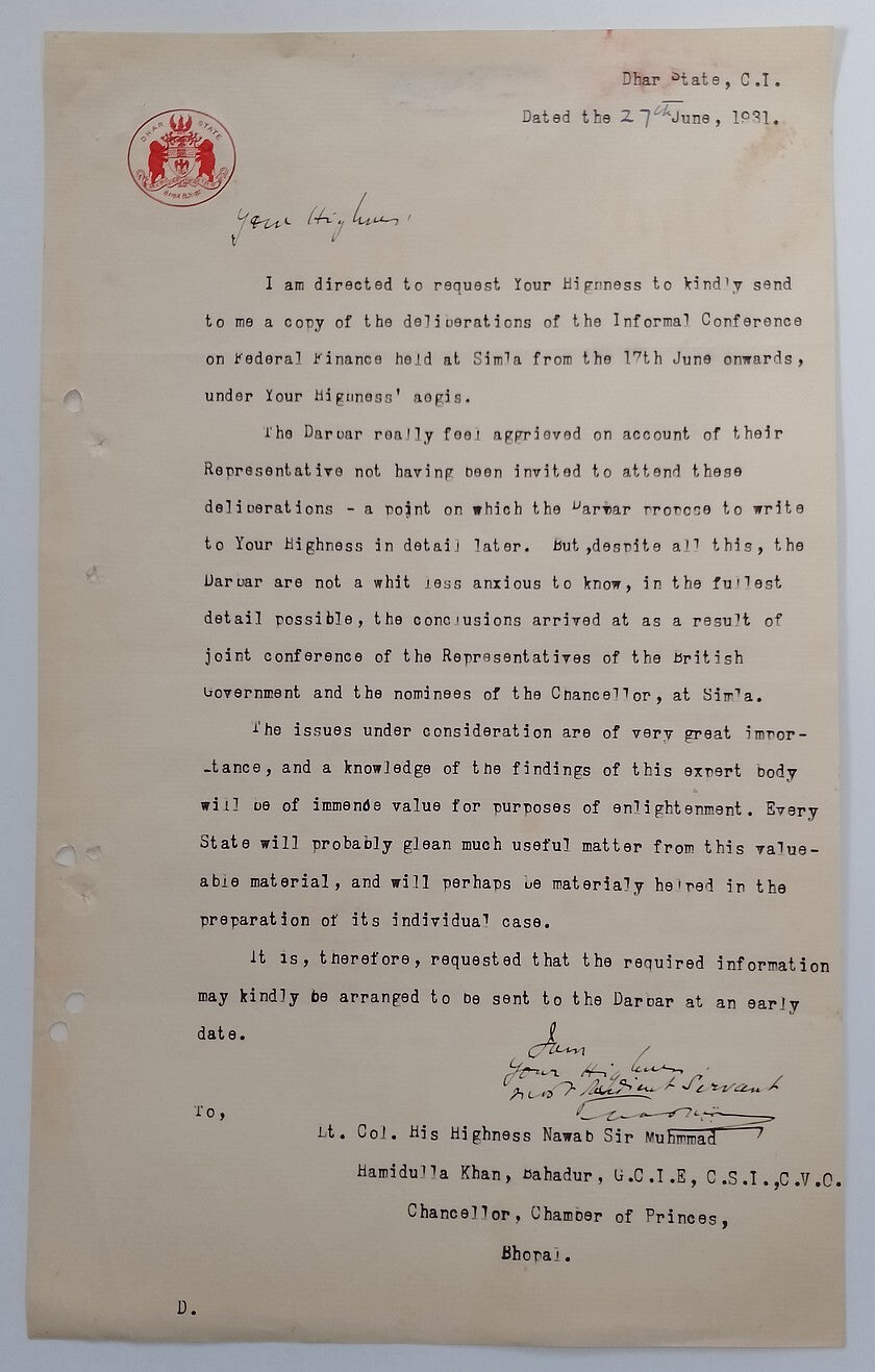 DHAR STATE India 1931 crested letter signed Maharaja Anand Raje IV Pawar