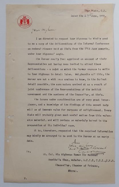 DHAR STATE India 1931 crested letter signed Maharaja Anand Raje IV Pawar