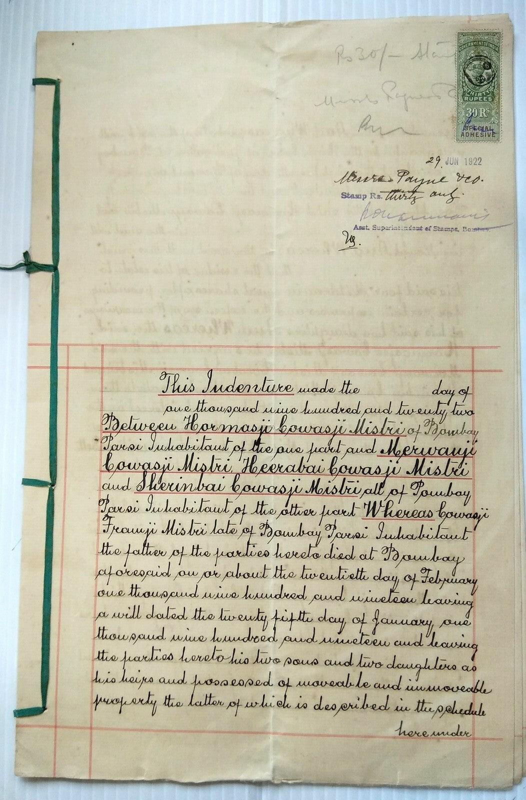 India 1922 Indenture with KGV Special Adhesives 30R