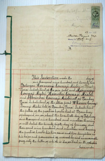 India 1922 Indenture with KGV Special Adhesives 30R