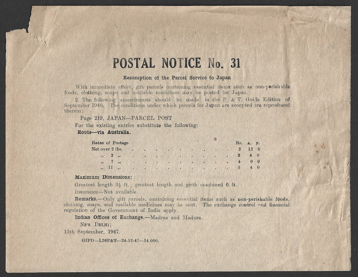 India POSTAL NOTICE No. 31 15 Sep.1947 Resumption of the Parcel Service to Japan