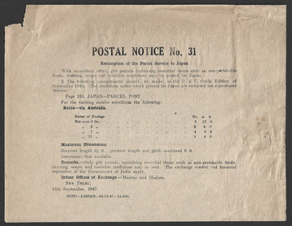 India POSTAL NOTICE No. 31 15 Sep.1947 Resumption of the Parcel Service to Japan