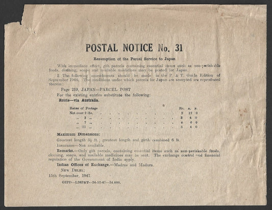 India POSTAL NOTICE No. 31 15 Sep.1947 Resumption of the Parcel Service to Japan