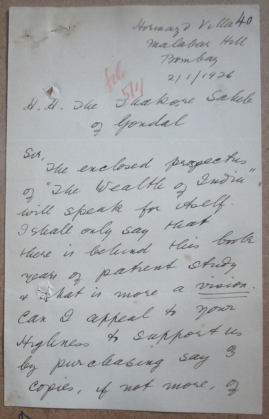 India 1926 letter signed author Pestonji Ardeshir Wadia + book ad
