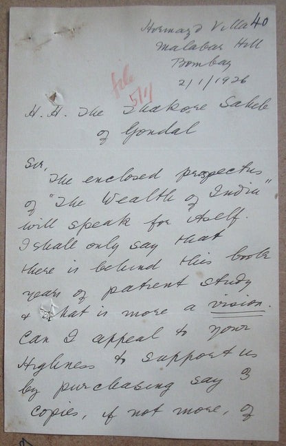 India 1926 letter signed author Pestonji Ardeshir Wadia + book ad