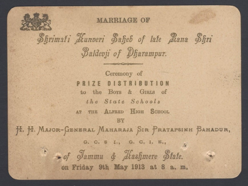 AOP India crested invitation card Marriage of Princess of Dharampur State 1913