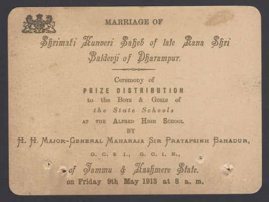 AOP India crested invitation card Marriage of Princess of Dharampur State 1913