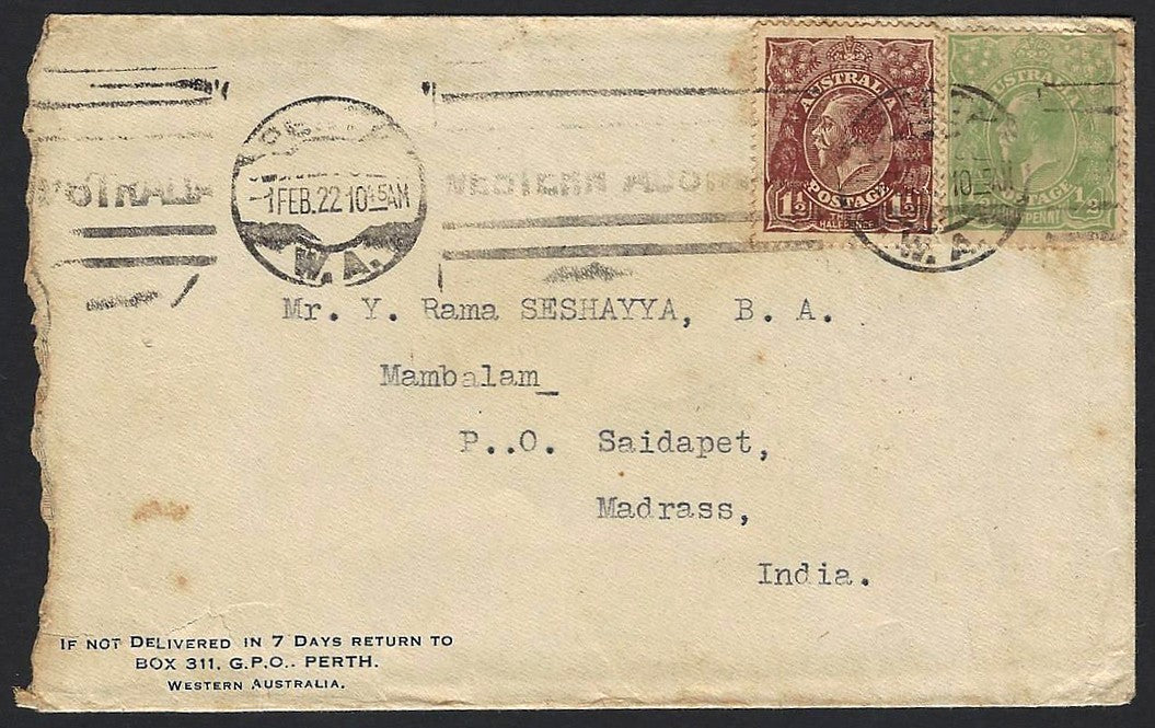 Australia 1922 cover to India with KGV 1/2d & 1 1/2d