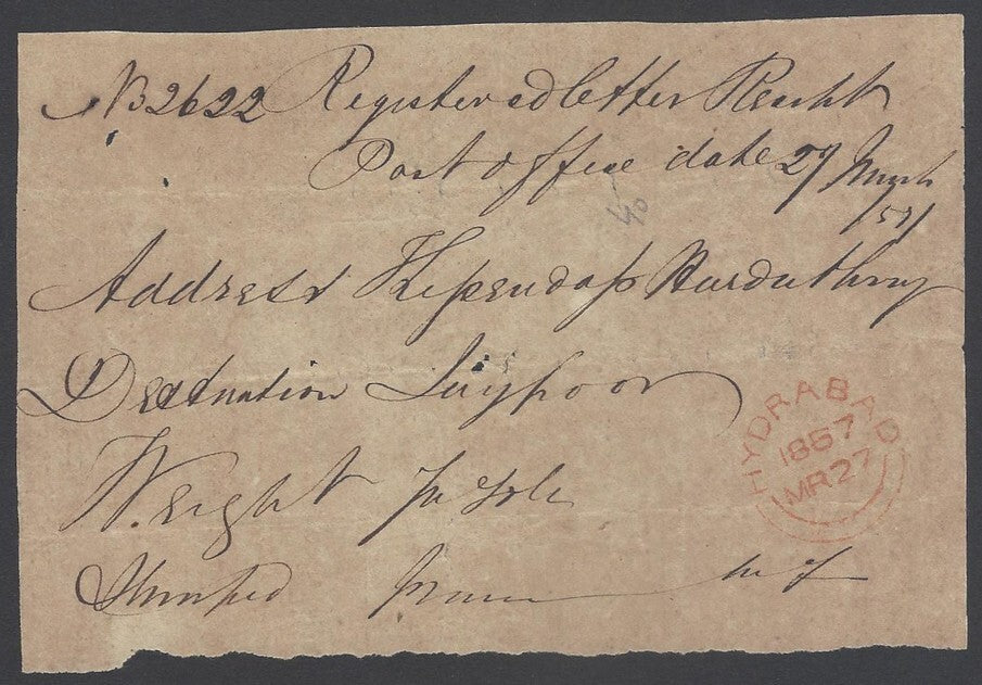 AOP India 1857 Registered Letter Receipt canc red HYDERABAD double arcs