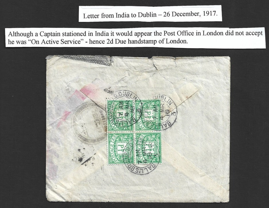 Ireland PD 1/2d block of 4 canc. BAAL'S BRIDGE D.O. DUBLIN 1918 cover from India