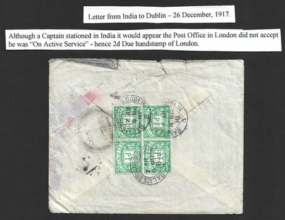 Ireland PD 1/2d block of 4 canc. BAAL'S BRIDGE D.O. DUBLIN 1918 cover from India
