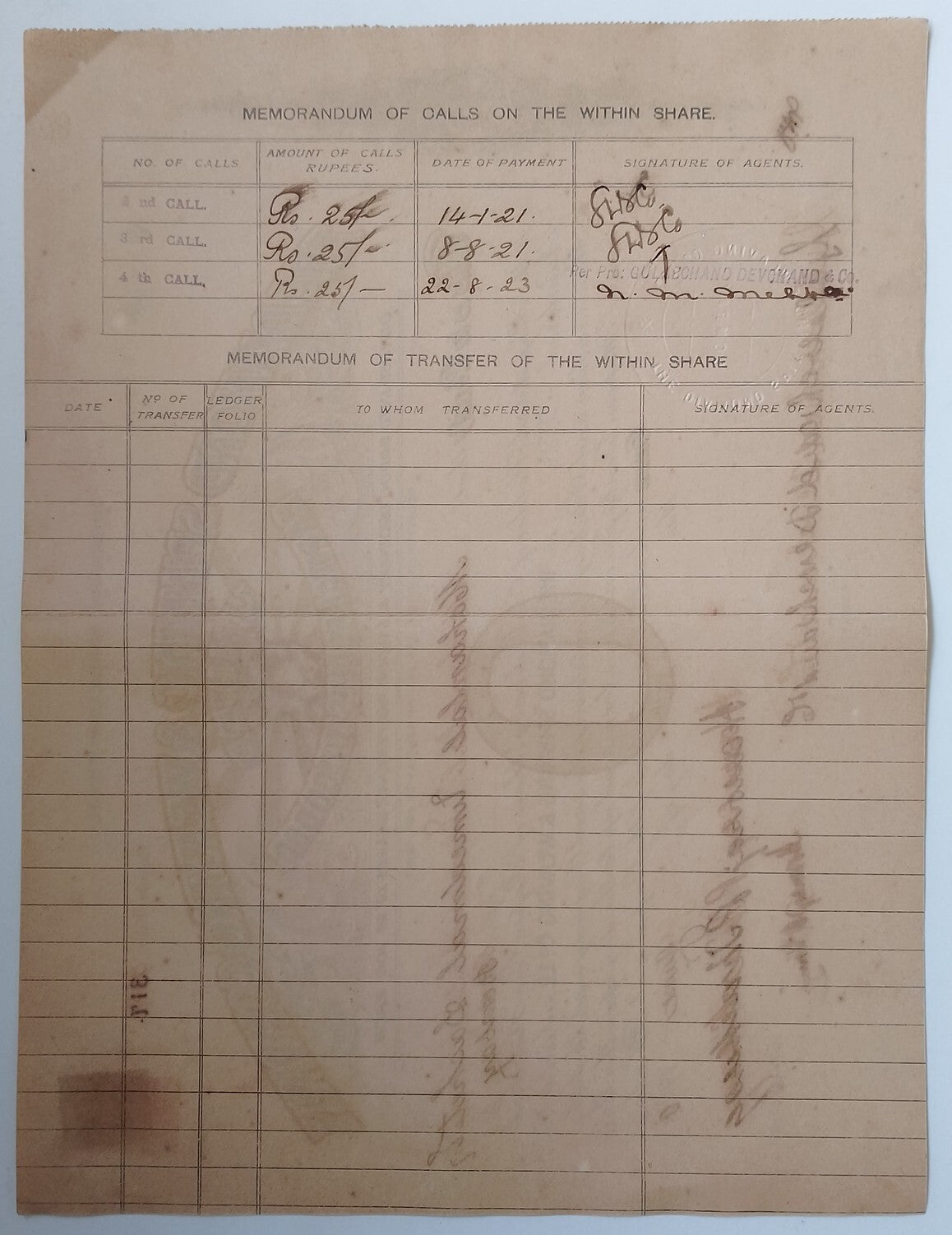 (AOP) India share certificate THE DIAMOND SPINNING & WEAVING CO. LTD. 1920