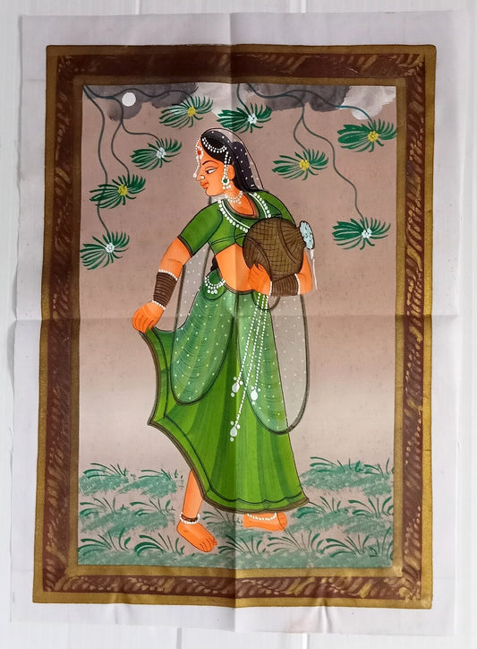India Lady with a water pot hand painted on white cloth 24 x 33 cm