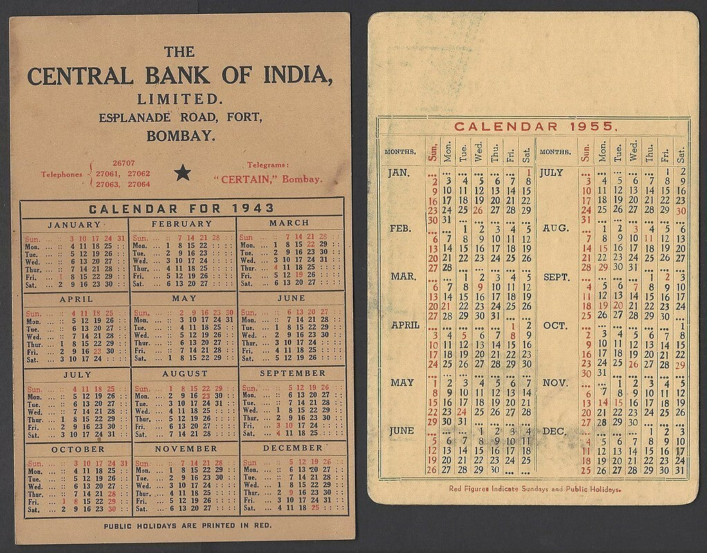 Central Bank of India 1943 & 1955 advertisement calendars (2)