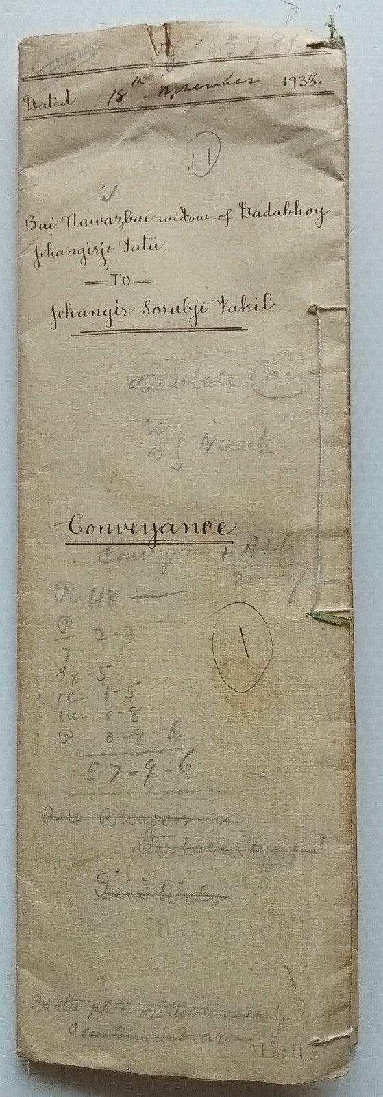 AOP India 1938 indenture signed NAVAZBAI TATA w/o Dadabhoy Jehangir Tata