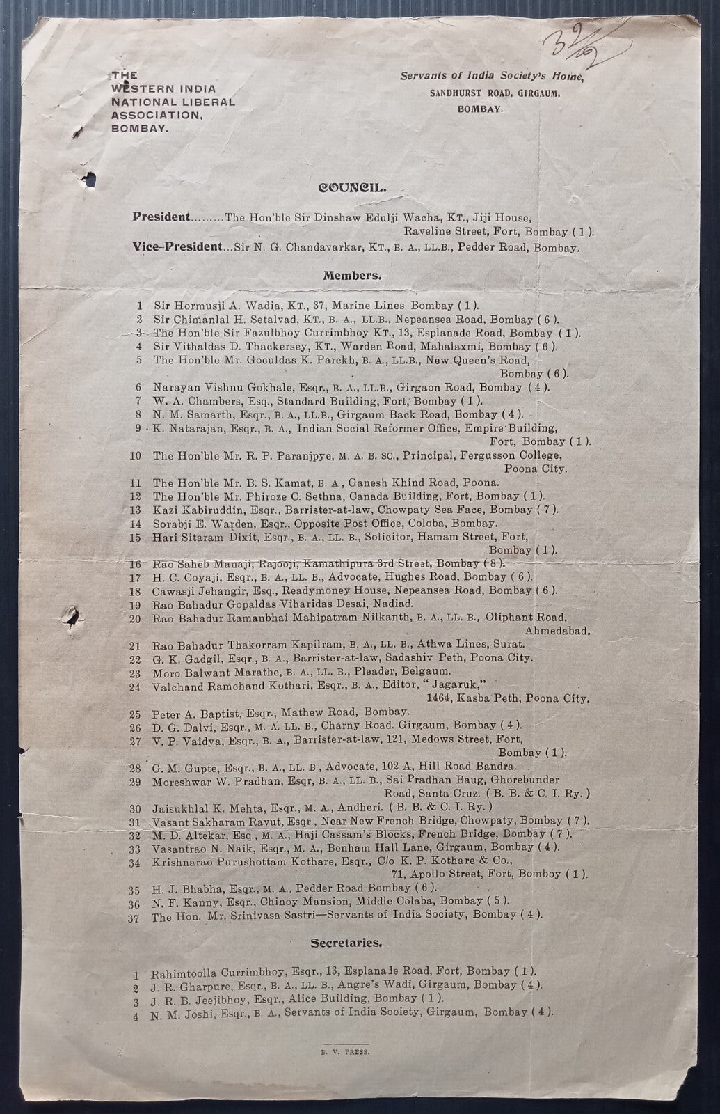 THE WESTERN INDIA NATIONAL LIBERAL ASSOCIATION, Bombay 1919 List of Members