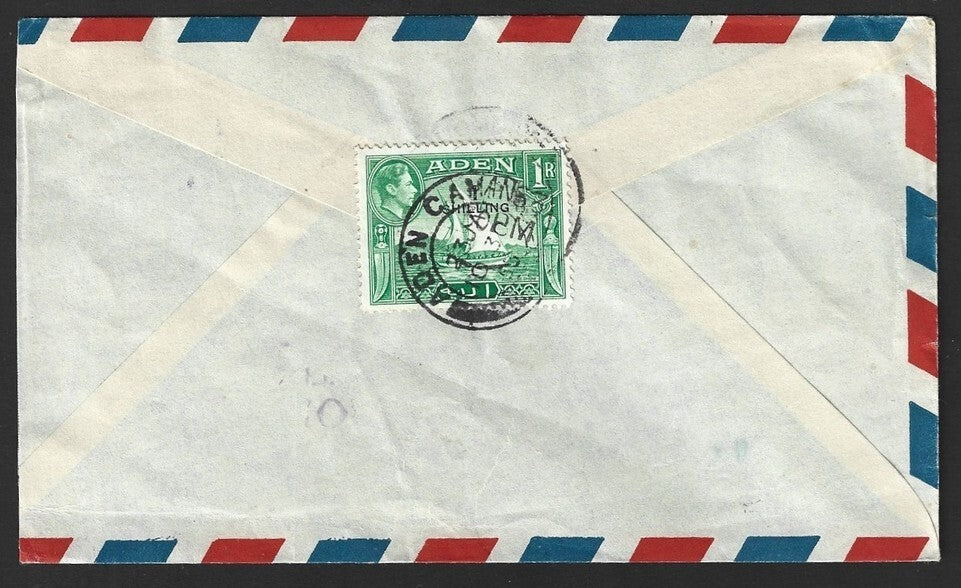 Aden KGVI King George VI 1938 1R on single franked airmail cover to India