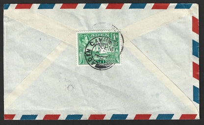 Aden KGVI King George VI 1938 1R on single franked airmail cover to India