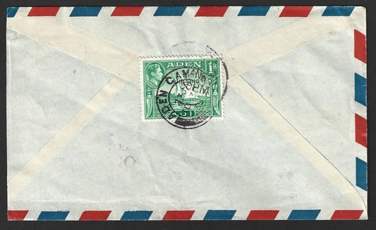 Aden KGVI King George VI 1938 1R on single franked airmail cover to India