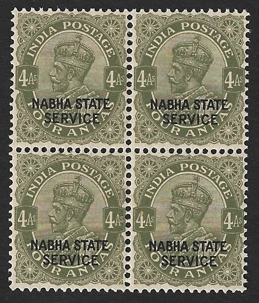 India Nabha State Off KGV 1932-42 4a yellow-green MNH block of 4 SG O49 £128
