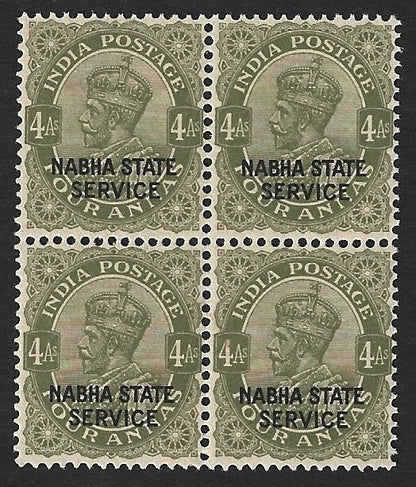 India Nabha State Off KGV 1932-42 4a yellow-green MNH block of 4 SG O49 £128