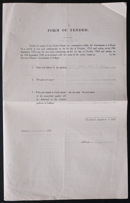 AOP India Kotah State 1934 OPIUM TENDER DOCUMENT