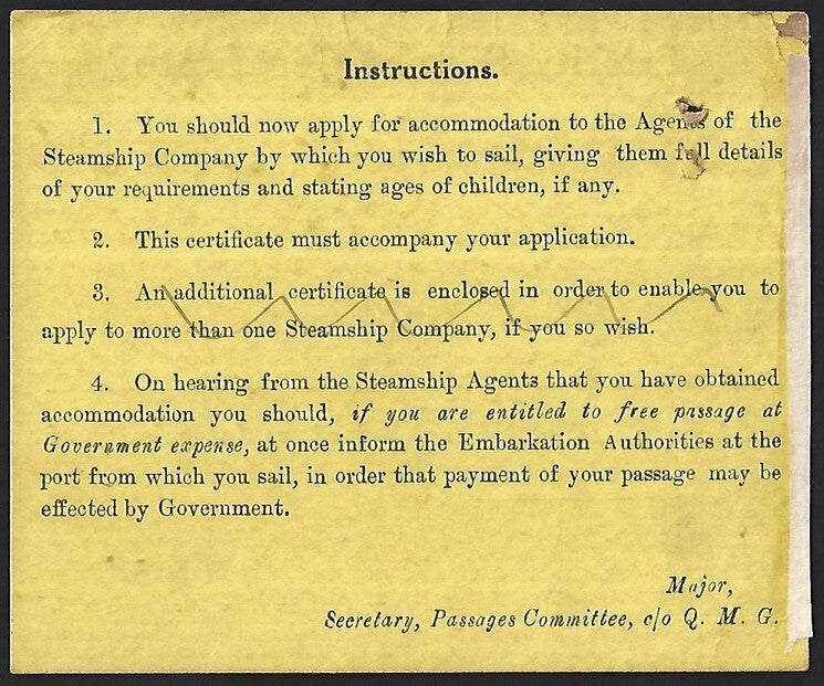 India 1919 PRIORITY PASSAGE CERTIFICATE