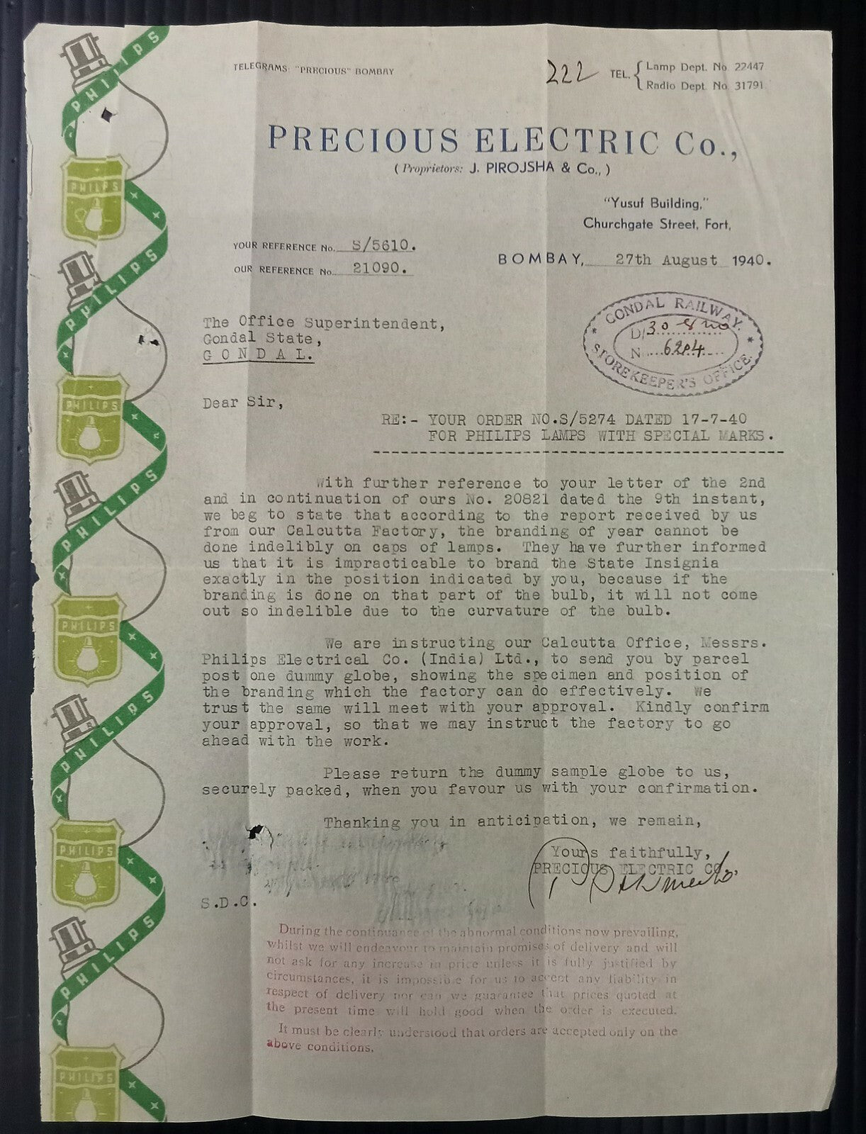 AOP Precious Electric Co. Bombay 1940 illustrated letterhead India