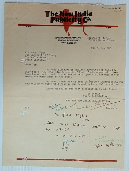 AOP India 1936 letterhead THE NEW INDIA PUBLICITY CO Bombay