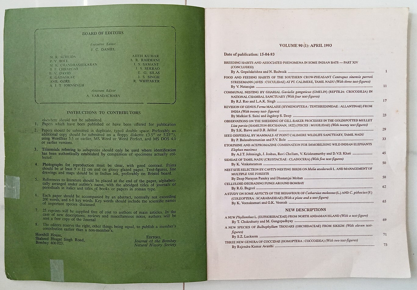 AOP India JOURNAL OF THE BOMBAY NATURAL HISTORY SOCIETY April 1993