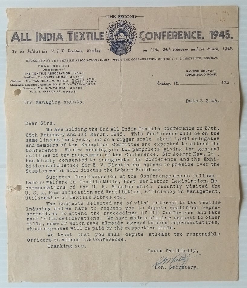 AOP India 1945 All India Textile Conference, Bombay illustrated letterhead	